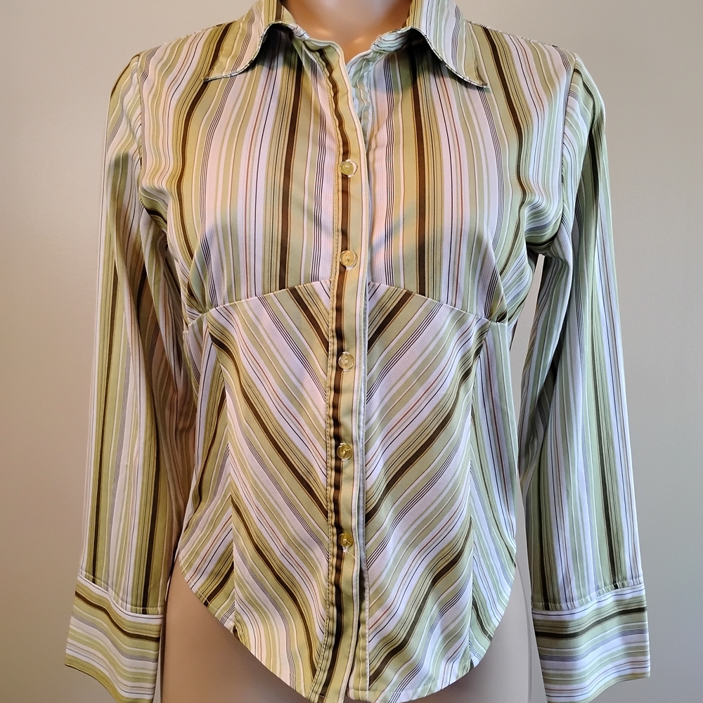 Striped Button Front Blouse Olive Cream Pink Vertical Stripe Womens C7 Top